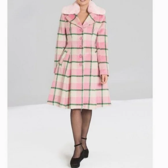 Hell bunny Millicent retro pink & green plaid peacoat womens sz small - Picture 15 of 15
